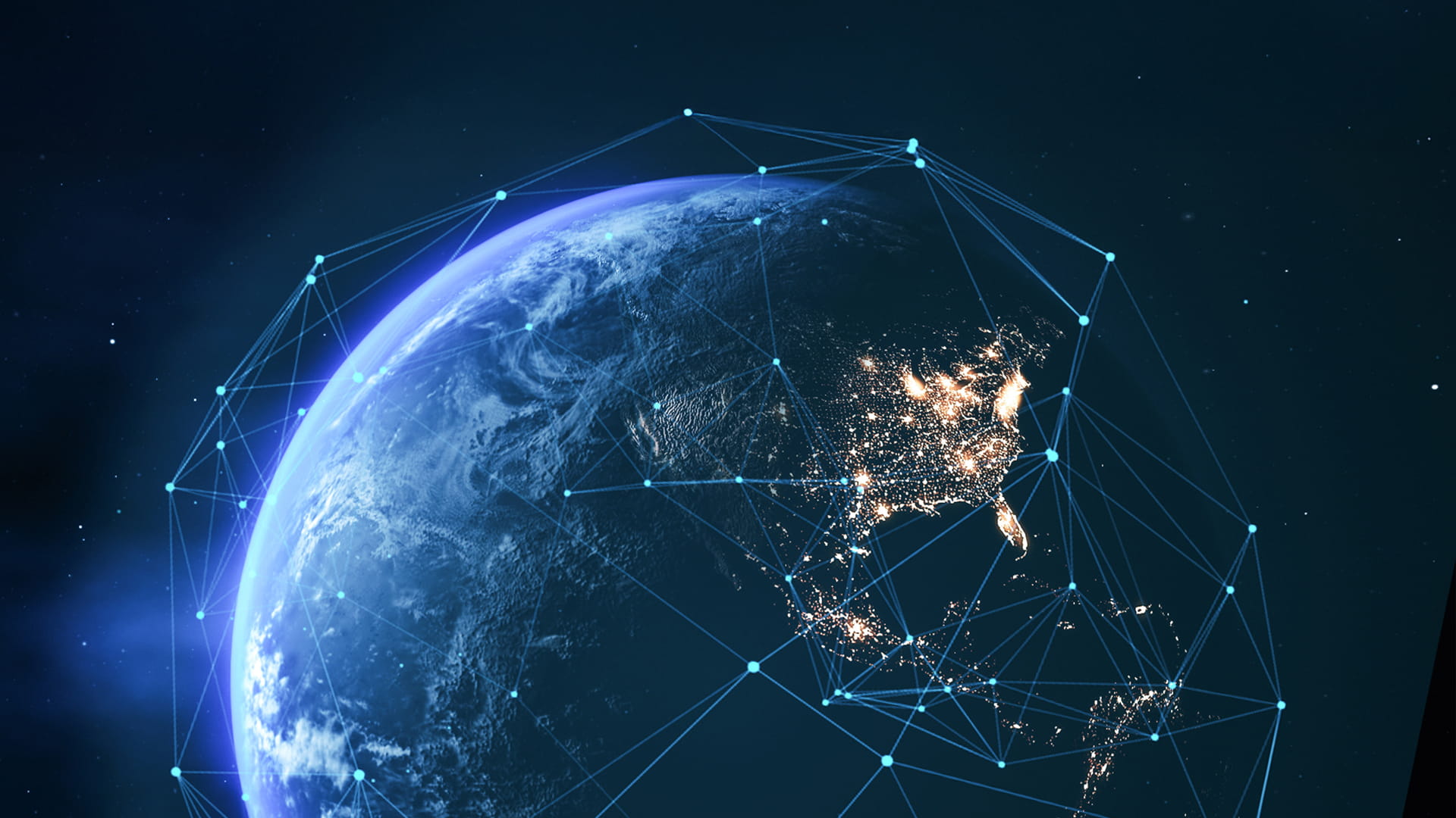 Planet Earth with various light blue dots connected with blue lines.