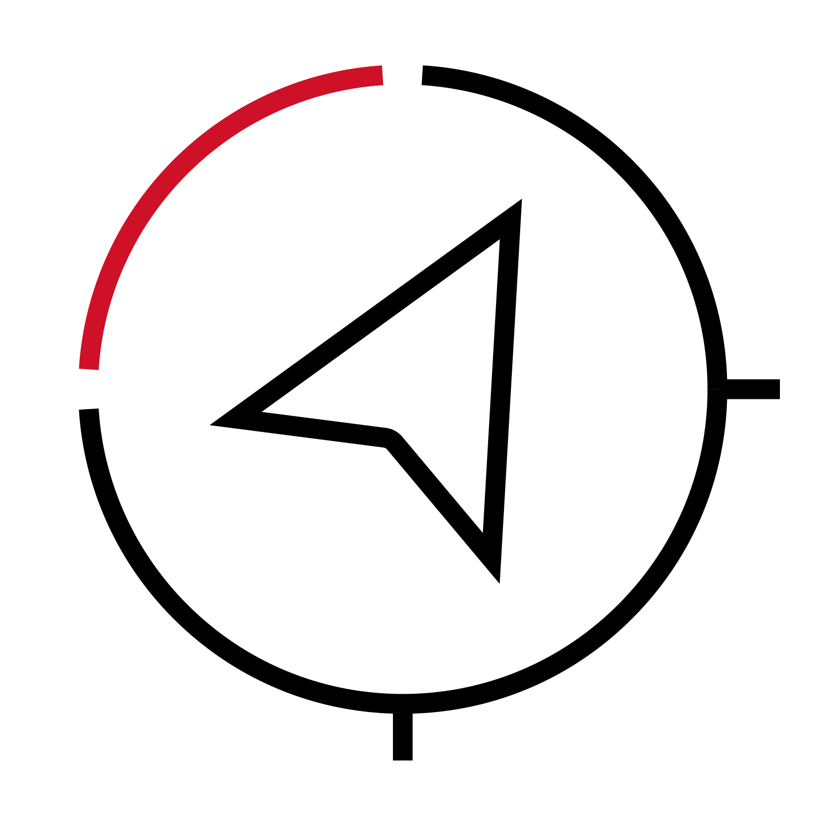 Icon showcasing a black arrow in the middle of a black and red circle representing responsible business. 
