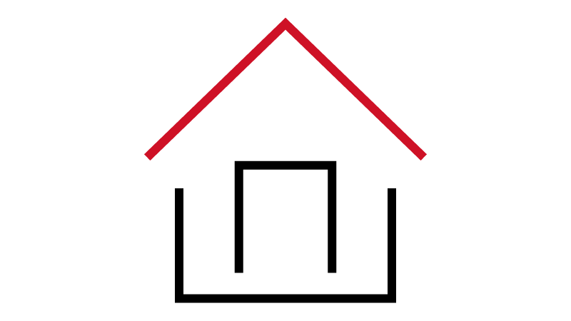 Icon of a house with a black and red outline.