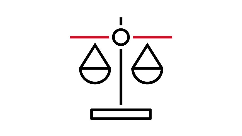 Black and red icon showcasing the scales of justice.